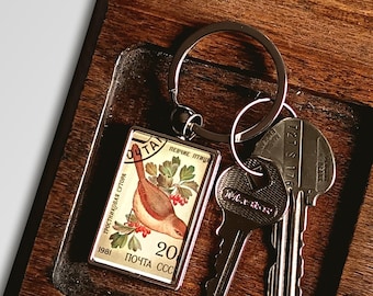 Reed Parrotbill Keychain - upcycled 1981 postage stamp from USSR
