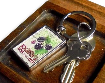 Blackberry Keyring - upcycled 1964 vintage postage stamp