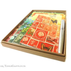 Coffret cadeau kit d'écriture de lettres • boîte de papier à lettres, cartes de correspondance • impression de timbres-poste colorés A5 ensemble de papeterie courrier postal, papier vergé de luxe