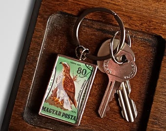 Booted Hawk Eagle Keyring - upcycled 1962 Hungary postage stamp