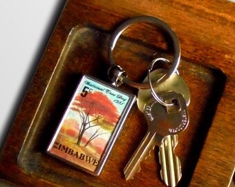 Msasa, Zebrawood Tree Keyring - upcycled 1981 postage stamp from Zimbabwe
