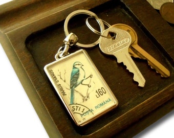 Retro Blue Tit Keyring - upcycled 1993 Romania postage stamp