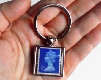 Blue Machin Keyring - upcycled British definitive stamp from 1971