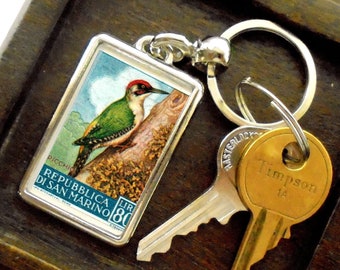 Woodpecker Keyring - upcycled vintage 1960 San Marino postage stamp