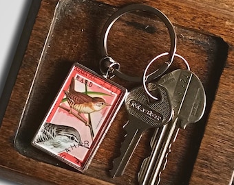Wren Keyring - upcycled 1994 postage stamp from Sahara