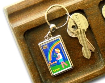 Retro Rainbow Child Keyring - upcycled 1975 postage stamp from Israel