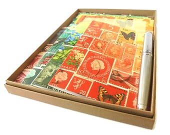 Letter writing kit gift set • boxed writing paper, notecards • colourful postage stamp print A5 snail mail stationery set, luxury laid paper