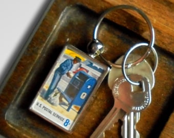 Postal Mailbox Keychain, made using vintage 1973 USA postage stamp