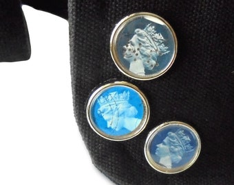 Tonal Blue Machin Badge - single or set of 3 mini metal brooches in storage tin