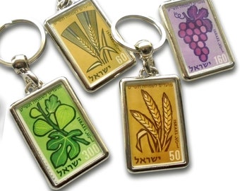 Set of 4 Retro Keyring - grapes, figs, wheat, barley - real 1958 Israel postage stamps