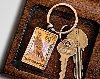 Western Marsh Harrier Keyring - upcycled 1962 Hungary postage stamp