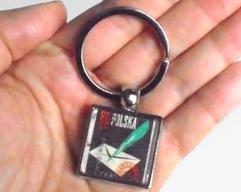 Letter & Quill Pen Keyring - upcycled Poland postage stamp from 1958
