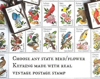 USA State Bird & Flower Keychain, choose any state - made with real vintage 1982 USA postage stamp