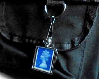 Blue Machin bag charm - upcycled British definitive stamp from 1976