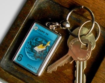 Fish & Waves Keyring - upcycled vintage postage stamp, USSR 1974