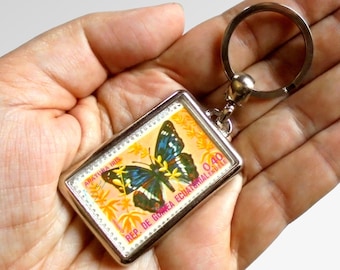 Purple Emperor Butterfly Keyring, upcycled 1975 postage stamp from Equatorial Guinea