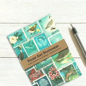 Ensemble de papier à lettres, papeterie de vacances sur le thème de l'océan, art de timbre-poste cyan turquoise sarcelle ombré ton sur ton, cadeau de l'écrivain postal