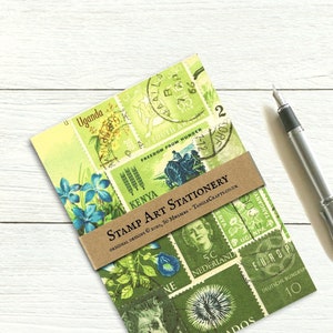 Set d'écriture de lettre respectueux de l'environnement, papier recyclé vert, impression artistique de timbre-poste ombré ton sur ton, papier à lettres pour correspondance, ensemble de lettres postales
