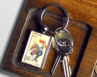 Cockerel Keyring made with upcycled 1967 postage stamp from Brazil