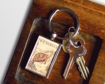 Tortoise Keyring - upcycled 1960 Romania postage stamp