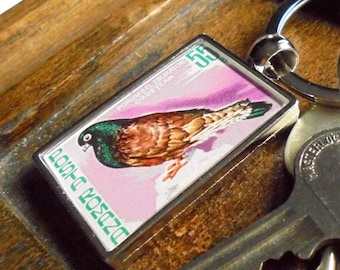 Highflyer Pigeon Keyring - upcycled 1981 Romania postage stamp
