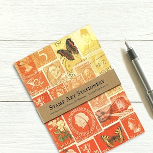 Ensemble de papier à lettres recyclé, timbres-poste dégradés de rouge orange • papier à lettres A5 pour correspondants • ensemble de papiers à lettres respectueux de l'environnement