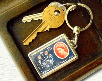 Be Thrifty Keyring - real 1961 GB postage stamp