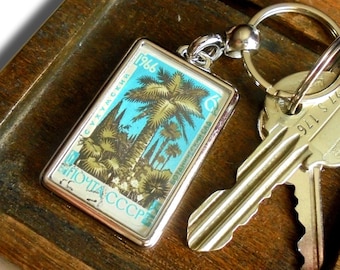 Palm Tree Keyring - upcycled vintage postage stamp, 1966 USSR