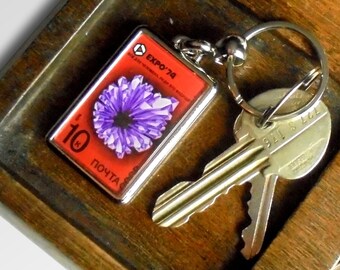 Amethyst Keyring - upcycled vintage postage stamp, USSR 1974