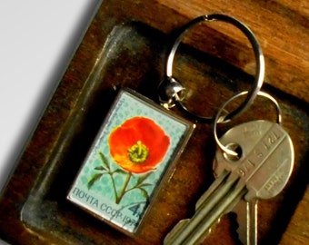 Roemeria Keyring -  made with upcycled 1974 postage stamp from USSR