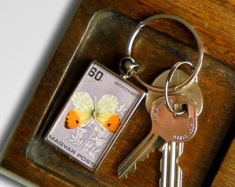 Orange Tip Butterfly Keyring - upcycled vintage 1966 postage stamp from Hungary