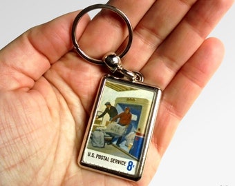 Loading Mail Truck Keychain, made using vintage 1973 USA postage stamp