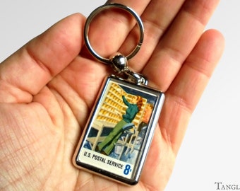 Pigeonhole Mail Keychain, made using vintage 1973 USA postage stamp