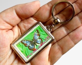 Lesser Purple Emperor Keyring, upcycled 1975 postage stamp from Equatorial Guinea