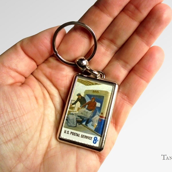 Mail Truck Keychain, vintage USA postage stamp | post office workers loading full mailbags into van | 1973 keyring for penpal, letter writer
