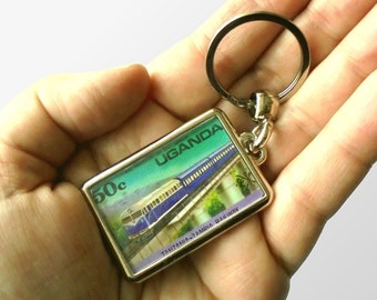 Purple Train Keychain - upcycled postal stamp keyring | Passenger train railway locomotive, trainspotter gift | quirky 1976 birthday keyfob