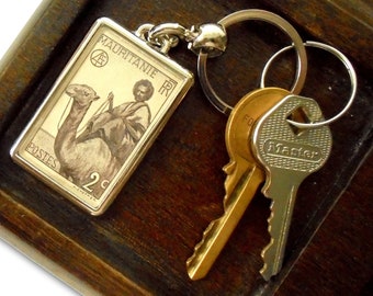 Camel Rider Keyring - vintage 1938 postage stamp from Mauritania