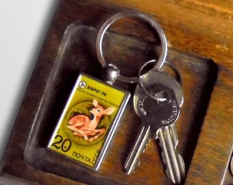 Fawn Keyring - green upcycled vintage postage stamp, USSR 1974