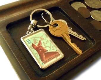 Retro Roe Deer Keyring - upcycled 1961 Romania postage stamp