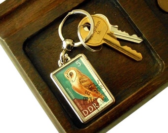 Barn Owl Keyring - upcycled 1967 East Germany postage stamp