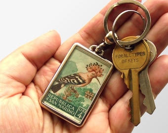 Hoopoe Keyring - upcycled vintage 1960 San Marino postage stamp