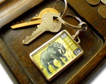 African Elephant Keyring, upcycled postal stamp keychain | wildlife safari gift, wild animal lover keyfob | 1966 birthday gift, Kenya travel