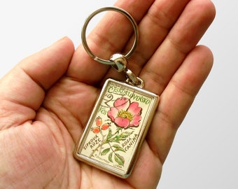 Botanical Dog Rose Keyring - upcycled 1965 Czech postage stamp