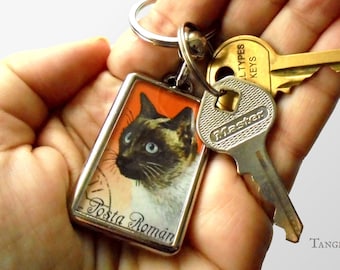 Siamese Cat Keyring, upcycled Romania postage stamp keychain
