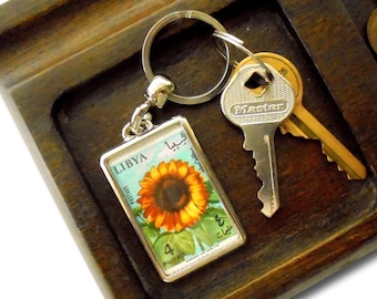 Sunflower Keyring - upcycled 1965 postage stamp from Libya