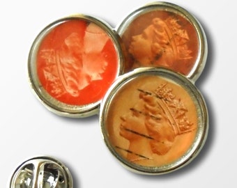 Tonal Orange Machin Lapel Pin - single or set of 3 mini metal brooches in tin