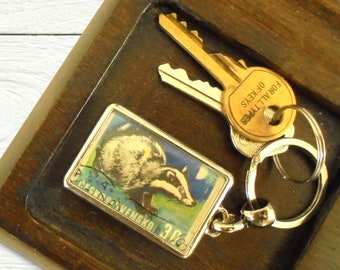 Moonlit Badger Keyring - upcycled vintage stamp, 1966 Czechoslovakia