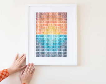 Sunset Sea Postage Stamp Art, Upcycled Abstract Orange Blue Office Wall Art | Framed or Unframed Stamp Art Collage | GB Stamp Collector Gift