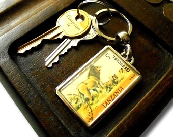 Lion & Cub Keyring - upcycled 1980 Tanzania postage stamp