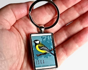 Great Tit Keyring made with 1966 Poland postage stamp